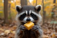 Adorable raccoon holding and eating yellow cheese in autumn forest setting with bokeh lights and fallen leaves, close-up portrait showing distinctive mask markings.