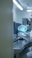 Medical professional holding holographic brain model in modern laboratory for neuroscience research and healthcare technology applications.