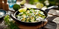 Fresh cucumber salad with dill and herbs in cast iron pan, garnished with lime slices for summer dining or healthy meal preparation.