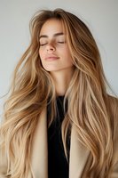 Young woman with flowing blonde hair and closed eyes expressing serenity and peace against neutral background, wearing beige coat. Natural beauty concept.