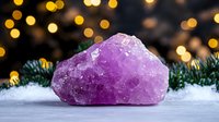 Raw amethyst crystal on snowy surface with golden bokeh lights and pine branches creating magical winter holiday atmosphere. Spiritual healing concept.