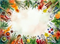 Overhead view of fresh ingredients and cooking utensils arranged around blank center space, featuring herbs, citrus, berries, spices and kitchen tools for culinary design projects.