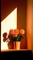 Orange chrysanthemums in terracotta pot casting dramatic shadow on warm wall with diagonal sunlight beam creating minimalist composition and mood lighting.