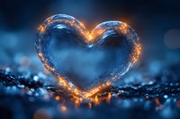 Glowing heart shape with magical sparkles and golden light trails on dark blue bokeh background, romantic Valentine concept for greeting cards and designs.