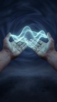 Open hands releasing glowing energy waves in mystical tunnel environment for spiritual healing meditation and supernatural power concepts.