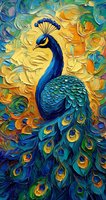 Vibrant oil painting of majestic peacock with detailed feathers against yellow and orange swirling background, featuring bold brushstrokes and rich textural elements.