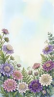 Watercolor floral border with purple, pink, and white blooms framing soft blue-green background, copy space for greeting cards or invitations.