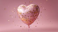 Pink heart-shaped balloon with gold confetti scattered around on soft pink background, perfect for romantic celebrations and festive occasions.