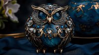 Decorative owl figurine with ornate metallic details and blue gemstones on dark background, vintage style jewelry box design for collectible home decor.