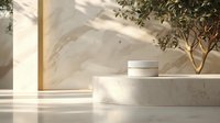 Minimalist cosmetic cream jar on marble podium with natural shadow play and olive tree branch, modern luxury skincare product photography setup.