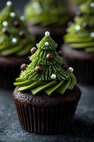 Festive chocolate cupcake with green frosting shaped like Christmas tree, decorated with edible pearls and chocolate balls for holiday dessert table.
