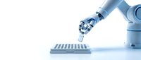 Robotic arm with gripper hand assembling or placing component on industrial conveyor belt system against white background.