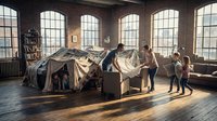 Family building blanket fort in industrial loft living room with large windows. Parents and children creating cozy play space together at home.