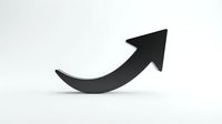 Black curved arrow pointing upward and right on white background isolated for business growth presentations and infographic design elements.