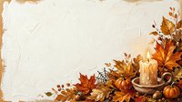 Autumn harvest arrangement with pumpkins, fall leaves, and candle on textured cream background for seasonal design projects.