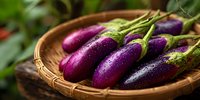 Fresh purple eggplants with water droplets in wicker basket, organic farm vegetables harvested for cooking healthy meals.