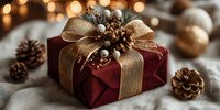 Elegant burgundy gift box with golden ribbon bow surrounded by pine cones and warm bokeh lights creating festive holiday atmosphere for seasonal celebrations.