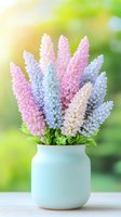 Delicate pink, blue and white lupine flowers arranged in ceramic vase against soft green background. Fresh spring bouquet with gentle sunlight creates dreamy atmosphere.