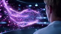 Glowing purple heart shape formed by magical sparkles and light particles floating in dark space, viewed from behind person's shoulder in business attire.