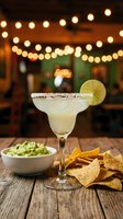 Margarita cocktail with salt rim and lime slice served outdoors at night with string lights, guacamole dip and tortilla chips on wooden table for bar and restaurant menus.