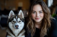 Young Caucasian woman with long wavy brown hair sitting next to Siberian Husky dog with blue eyes in cozy home interior for pet ownership lifestyle content.