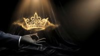 Gloved hand holding glowing golden crown with light rays on dark background, symbolizing power, success, and leadership for business and luxury concepts.