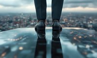 Business shoes reflecting on wet surface against blurred cityscape background with bokeh lights, dramatic perspective view capturing urban atmosphere.