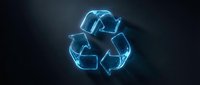 Glowing blue neon recycling symbol on dark background, representing sustainability, eco-friendly technology, and environmental awareness concepts.