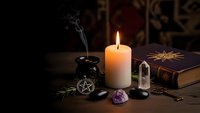 Mystical altar setup with burning candle, crystals, pentagram, incense and ancient books for spiritual rituals and witchcraft practices on wooden table.