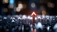 Glowing red arrow rises above white arrows on reflective surface with bokeh background, symbolizing leadership and business success in competitive market.