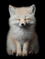 Adorable baby fox kit with closed eyes sitting peacefully on black background, fluffy white and orange fur, wildlife portrait for nature designs.