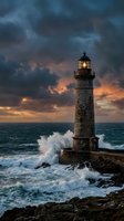 Stone lighthouse with illuminated beacon standing on rocky coastline amid crashing waves and dramatic stormy sky at dusk, suitable for travel and nautical design projects.
