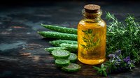 Natural herbal oil in glass bottle with fresh aloe vera leaves and rosemary sprigs on rustic wooden background for aromatherapy and wellness treatments.