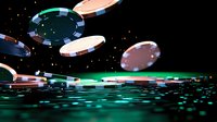 Casino chips floating in space with glowing green light effects and stars, dramatic lighting creates atmosphere of luxury gambling entertainment. Dynamic composition for gaming industry.