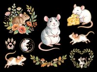 Watercolor mouse clipart set isolated on transparent background, featuring cute rats with flowers, cheese, wreaths and paw prints, ready for stickers, t-shirts, print on demand.
