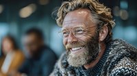 Cheerful mature Caucasian man with curly hair and beard smiling warmly in cozy sweater. Authentic portrait showing genuine happiness and positive emotions.