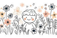 Cute doodle boy with rosy cheeks among flowers and leaves in line art style, black and peach color scheme on white background for nursery decor and stationery.
