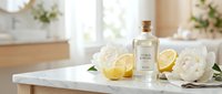 Citrus essential oil bottle with fresh lemons and white peonies on marble surface, ideal for wellness, beauty, and aromatherapy product marketing.