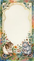 Decorative floral frame with cute mice and botanical elements on cream background for invitations, greeting cards, and stationery design projects.