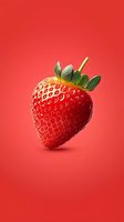 Fresh ripe strawberry with green leaves floating on vibrant red background. Minimalist food photography with soft shadow effect for advertising and packaging design.