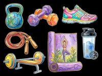 Watercolor fitness clipart set with kettlebell, dumbbells, sneaker, jump rope, barbell, yoga mat, and shaker bottle, isolated on transparent background, ready for t-shirts and print on demand.