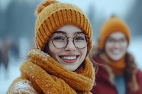 Happy young Asian woman wearing orange knit hat and scarf smiling outdoors in winter snow with friend in background for lifestyle and seasonal content.