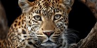 Majestic leopard portrait with piercing golden eyes and distinctive spotted coat pattern resting on tree branch in natural wildlife habitat.