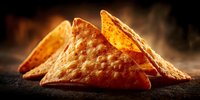 Golden crispy tortilla chips arranged on dark surface with warm lighting for snacking and appetizer presentations in restaurants and food service.