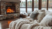 Cozy winter home interior with stone fireplace, chunky knit blanket and decorative pillows by panoramic window overlooking misty autumn lake, hygge lifestyle concept.
