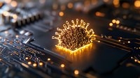 Glowing microprocessor core on circuit board with golden light emission effect creates futuristic technology concept for computing and artificial intelligence designs.