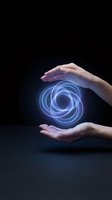 Hands protecting glowing blue energy spiral hologram on dark background representing innovation, technology, security and digital transformation concepts.