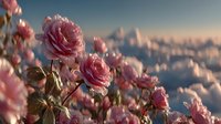 Pink roses blooming in foreground with snow-capped mountain peaks in soft morning light creating romantic alpine garden scene for wedding and nature designs.