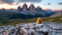 Small alpine marmot resting on rock during sunset in mountains, dramatic peaks silhouetted against colorful evening sky, wildlife watching in natural habitat.