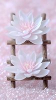 White water lilies on rustic wooden ladder against soft pink bokeh background, creating serene spa and wellness atmosphere.